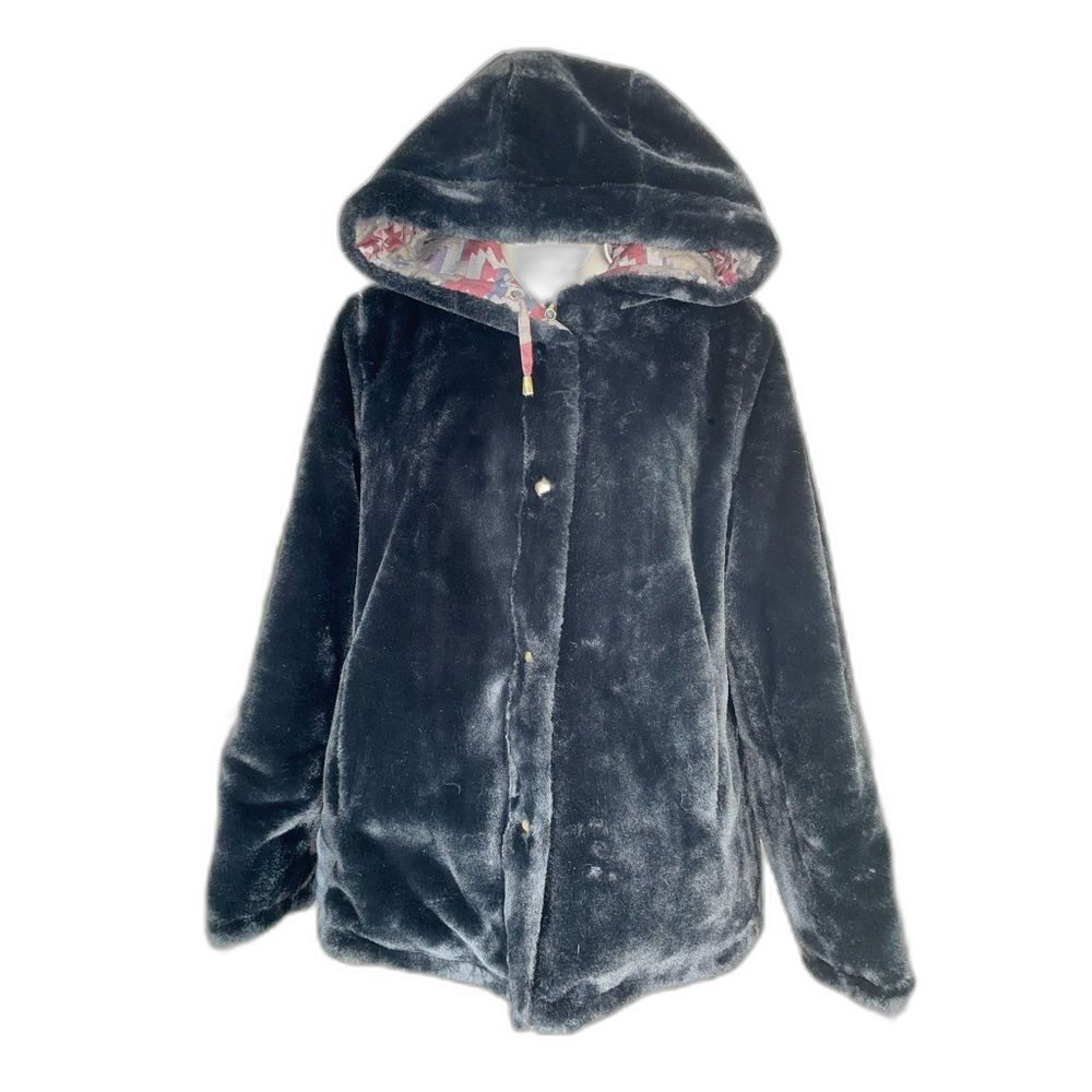 Pendleton Reversible Hooded heavy coat W/S Gray Aztec Print/black fux fur LN - Picture 7 of 16